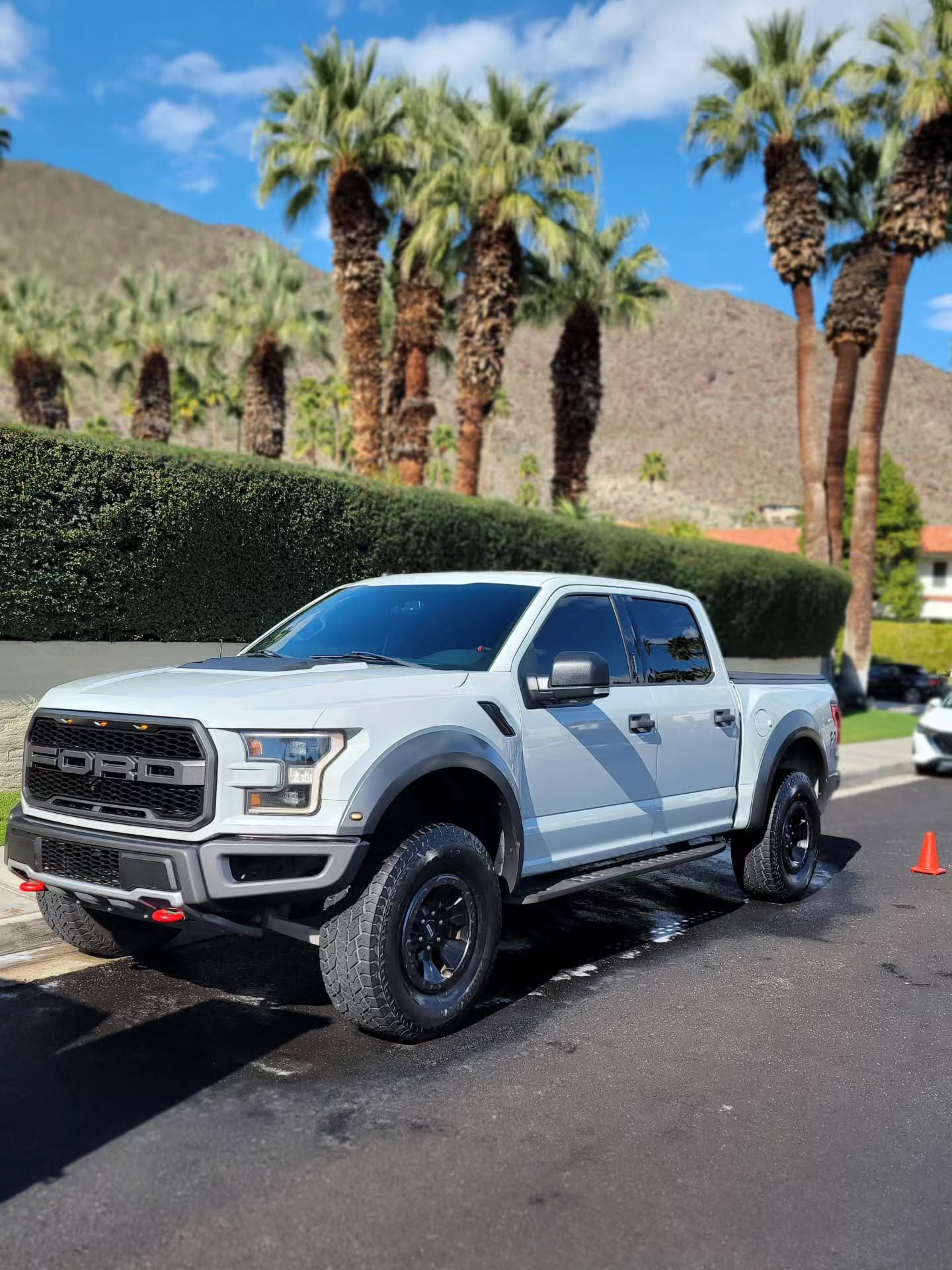 Freshly detailed white Ford Raptor in Palm Springs